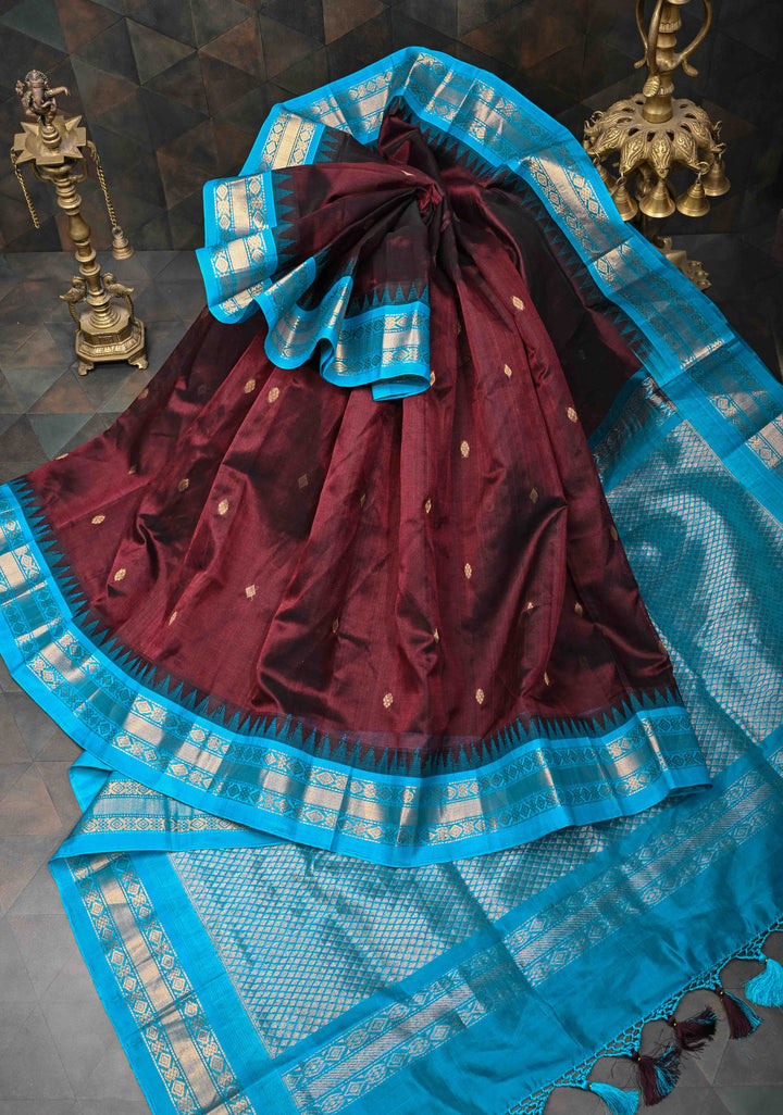 Korvai Dark Brown Kanchi Silk Cotton Handloom Saree with Zari Buttas and Contrast Zari Border
