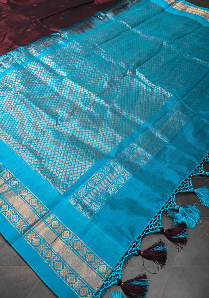 Korvai Dark Brown Kanchi Silk Cotton Handloom Saree with Zari Buttas and Contrast Zari Border