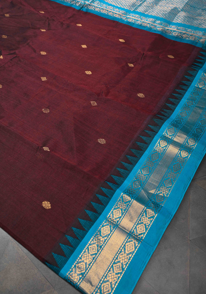 Korvai Dark Brown Kanchi Silk Cotton Handloom Saree with Zari Buttas and Contrast Zari Border