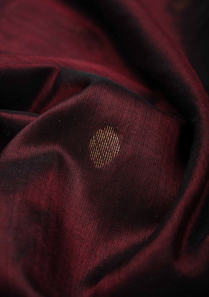 Korvai Dark Brown Kanchi Silk Cotton Handloom Saree with Zari Buttas and Contrast Zari Border