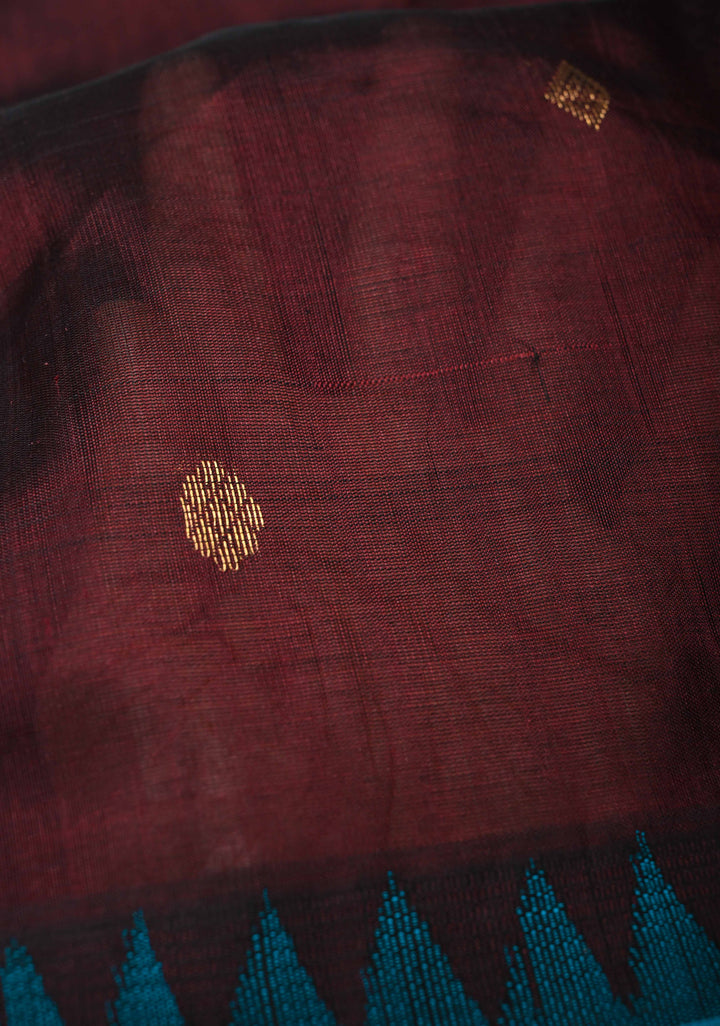 Korvai Dark Brown Kanchi Silk Cotton Handloom Saree with Zari Buttas and Contrast Zari Border