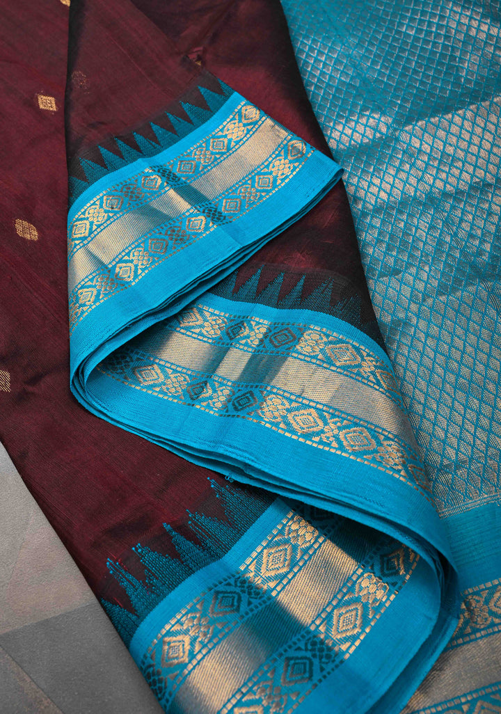 Korvai Dark Brown Kanchi Silk Cotton Handloom Saree with Zari Buttas and Contrast Zari Border