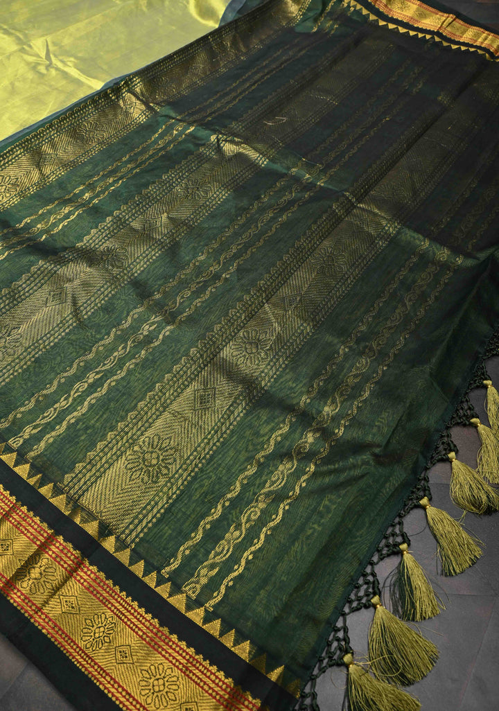 Frost Green Kanchi Silk Cotton Saree with Zari Border
