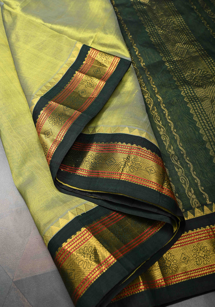 Frost Green Kanchi Silk Cotton Saree with Zari Border