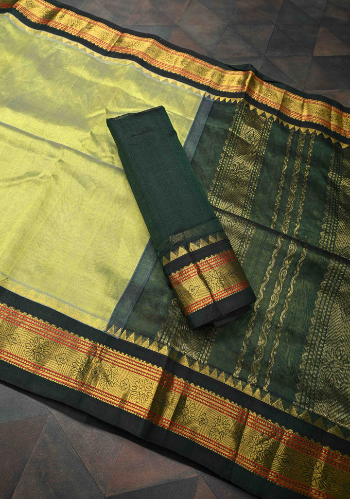 Frost Green Kanchi Silk Cotton Saree with Zari Border