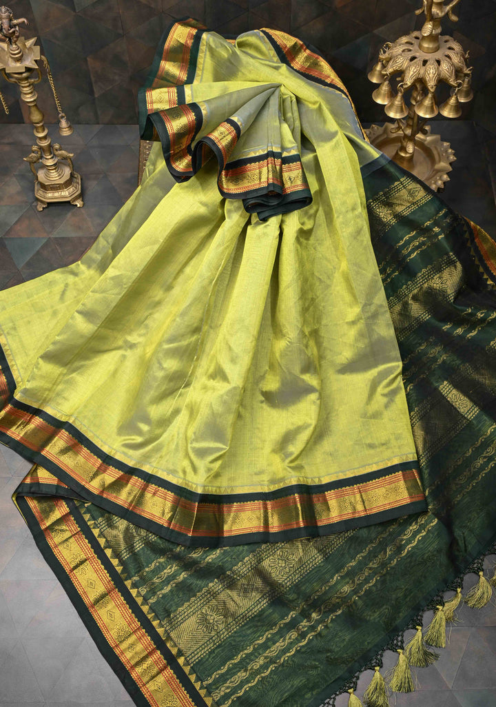 Frost Green Kanchi Silk Cotton Saree with Zari Border