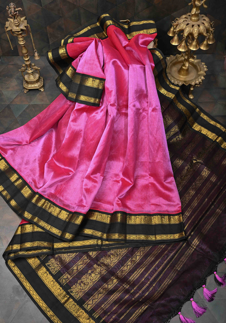 Bright Pink Kanchi Silk Cotton Handloom Saree with Contrast Rettaipet Border