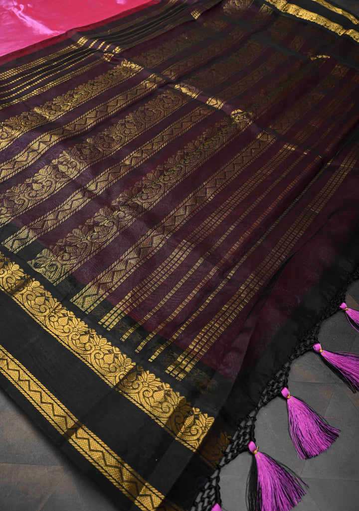 Bright Pink Kanchi Silk Cotton Handloom Saree with Contrast Rettaipet Border