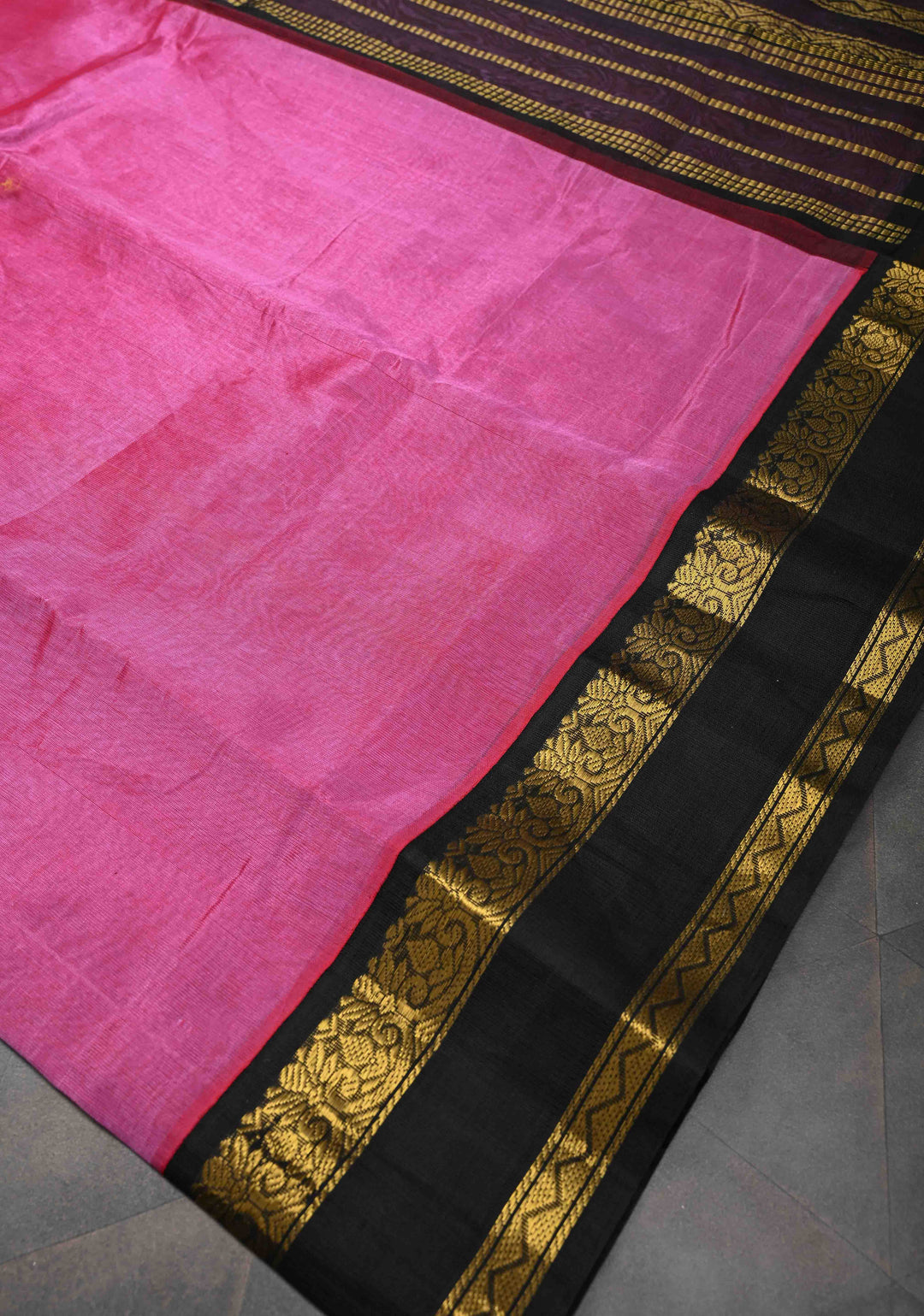 Bright Pink Kanchi Silk Cotton Handloom Saree with Contrast Rettaipet Border