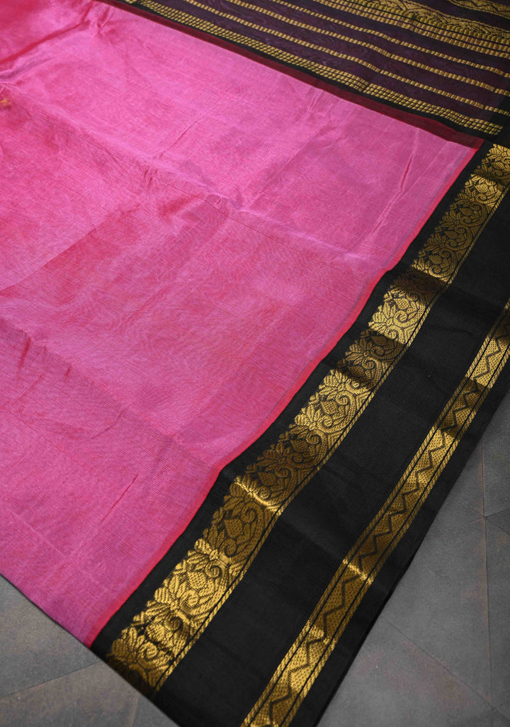 Bright Pink Kanchi Silk Cotton Handloom Saree with Contrast Rettaipet Border