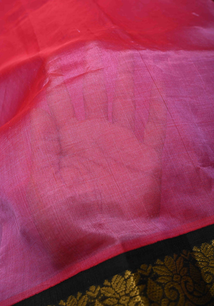 Bright Pink Kanchi Silk Cotton Handloom Saree with Contrast Rettaipet Border