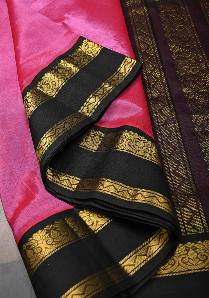 Bright Pink Kanchi Silk Cotton Handloom Saree with Contrast Rettaipet Border