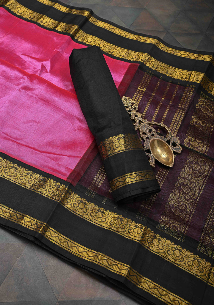 Bright Pink Kanchi Silk Cotton Handloom Saree with Contrast Rettaipet Border