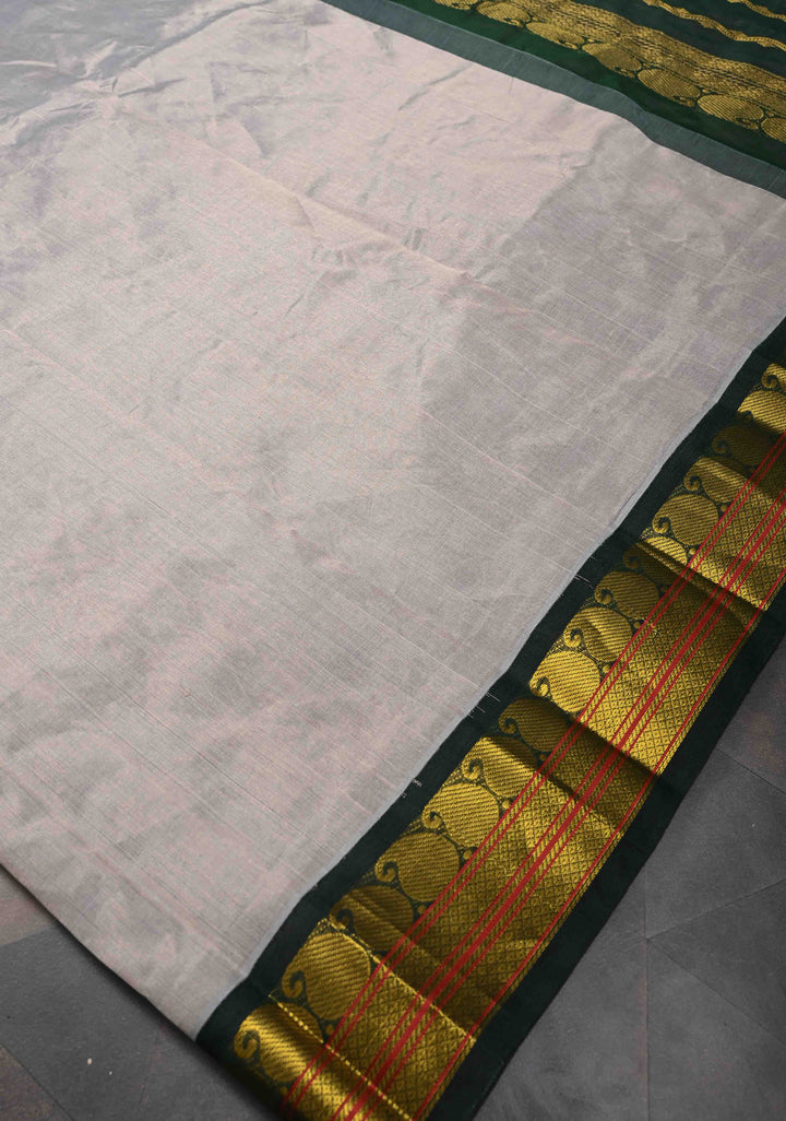 Gray Kanchi Silk Cotton Saree with Contrast Zari Border, 100% Handloom