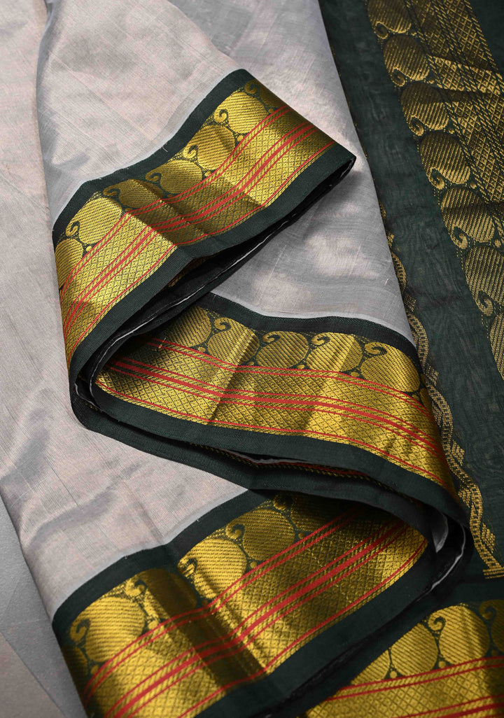 Gray Kanchi Silk Cotton Saree with Contrast Zari Border, 100% Handloom