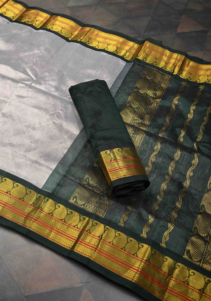 Gray Kanchi Silk Cotton Saree with Contrast Zari Border, 100% Handloom