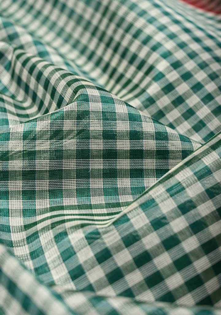 White-Green Checks Kanchi Silk Cotton 100% Handloom Saree with Contrast Zari Border