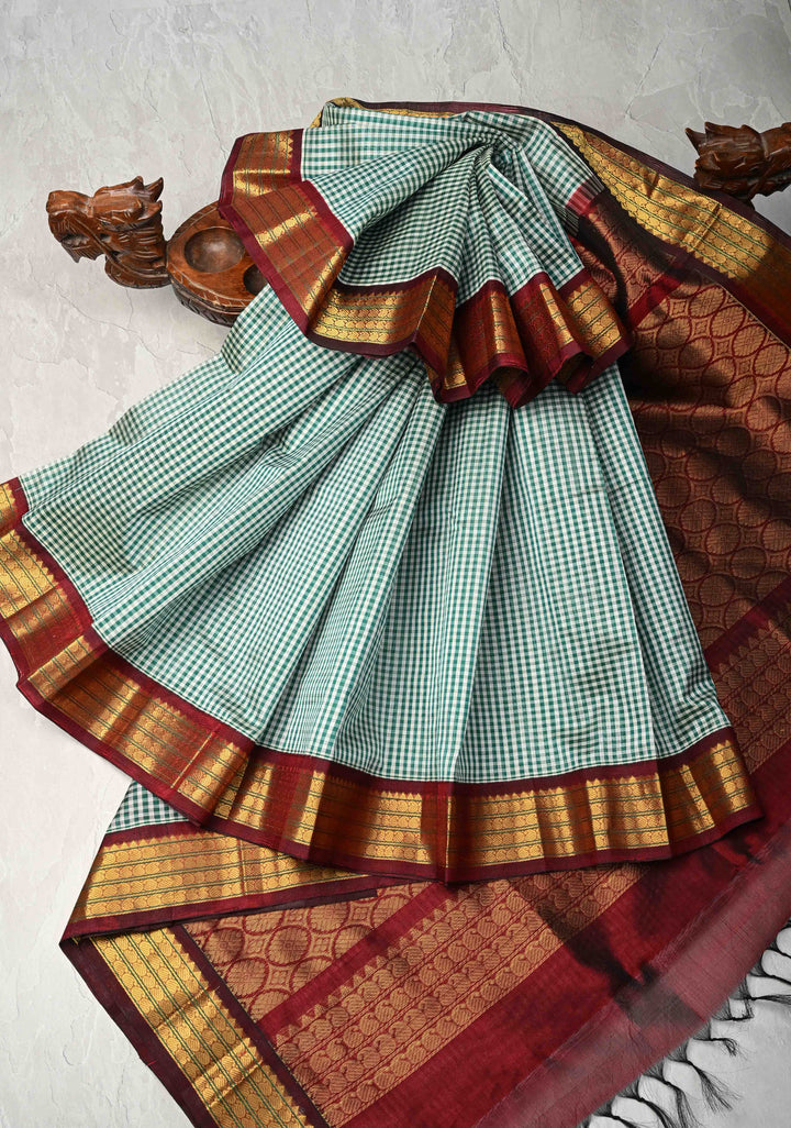 White-Green Checks Kanchi Silk Cotton 100% Handloom Saree with Contrast Zari Border
