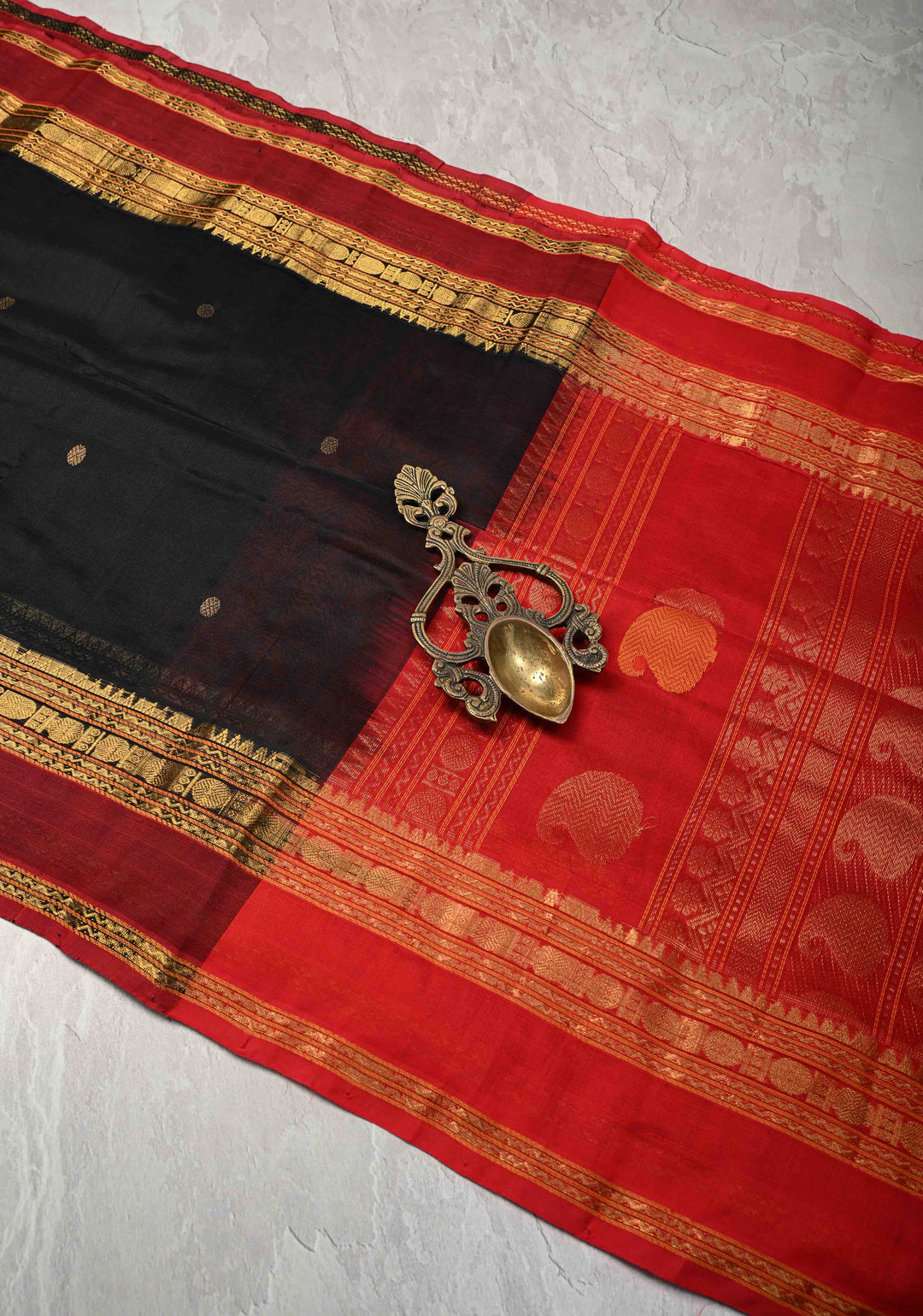 Preorder : Black Kanchi Silk Cotton Handloom Saree with Polka Buttas and Contrast Zari Border