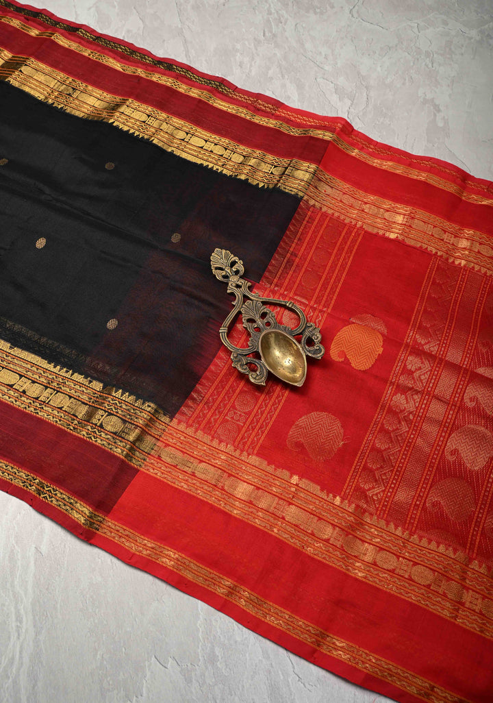 Preorder : Black Kanchi Silk Cotton Handloom Saree with Polka Buttas and Contrast Zari Border