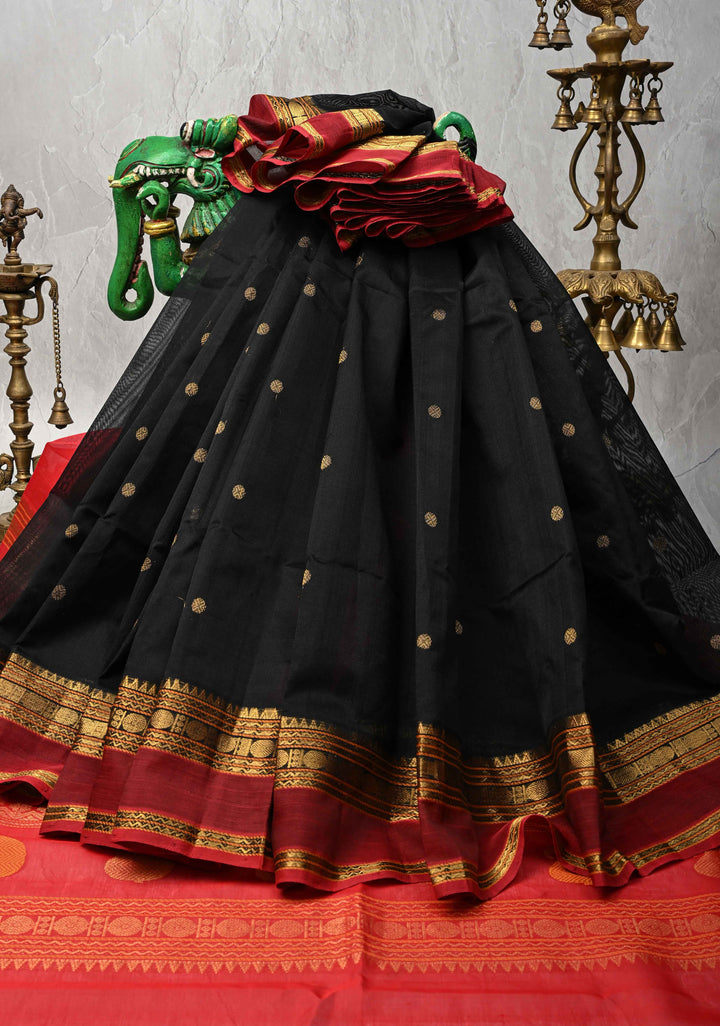 Preorder : Black Kanchi Silk Cotton Handloom Saree with Polka Buttas and Contrast Zari Border