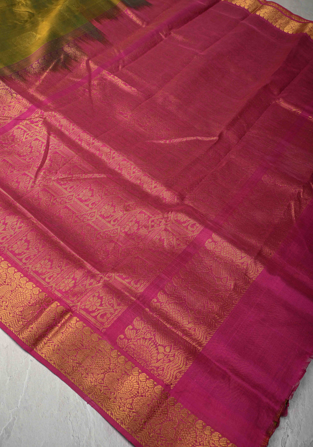 9 Yards Madisar Henna Green Kanchi Silk Cotton Handloom Saree with Muted  zari peacock Buttas and Contrast Zari Border, No Blouse Piece