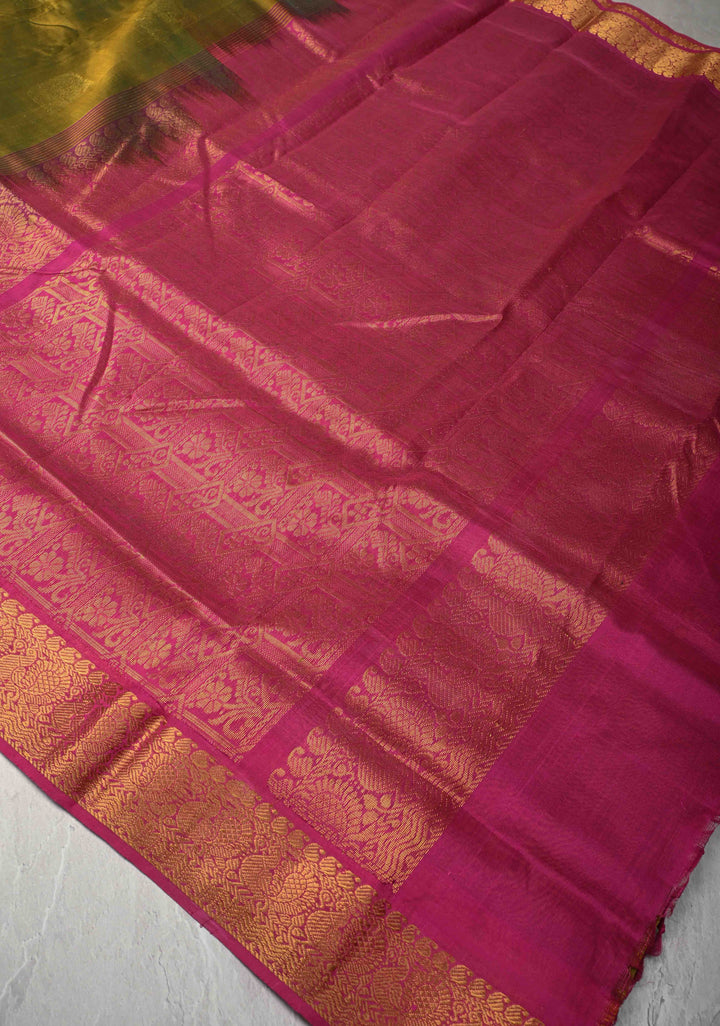 9 Yards Madisar Henna Green Kanchi Silk Cotton Handloom Saree with Muted  zari peacock Buttas and Contrast Zari Border, No Blouse Piece