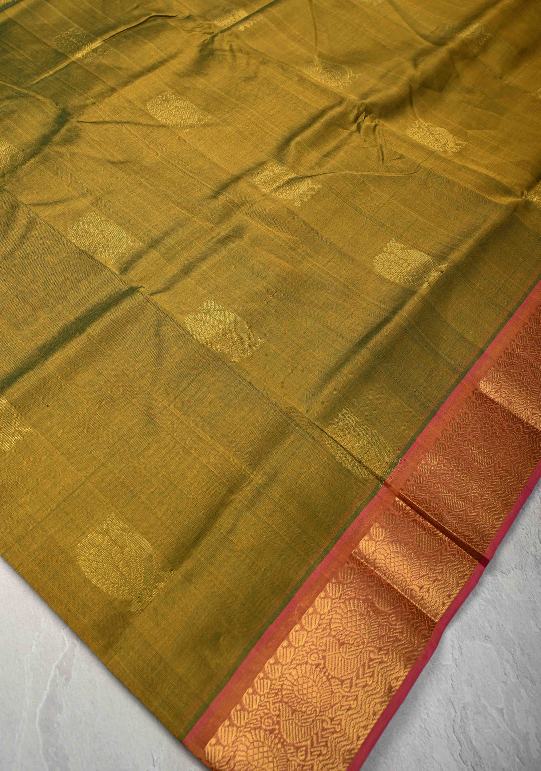 9 Yards Madisar Henna Green Kanchi Silk Cotton Handloom Saree with Muted  zari peacock Buttas and Contrast Zari Border, No Blouse Piece