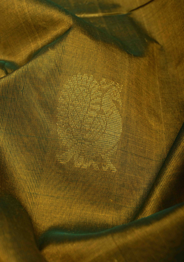 9 Yards Madisar Henna Green Kanchi Silk Cotton Handloom Saree with Muted  zari peacock Buttas and Contrast Zari Border, No Blouse Piece