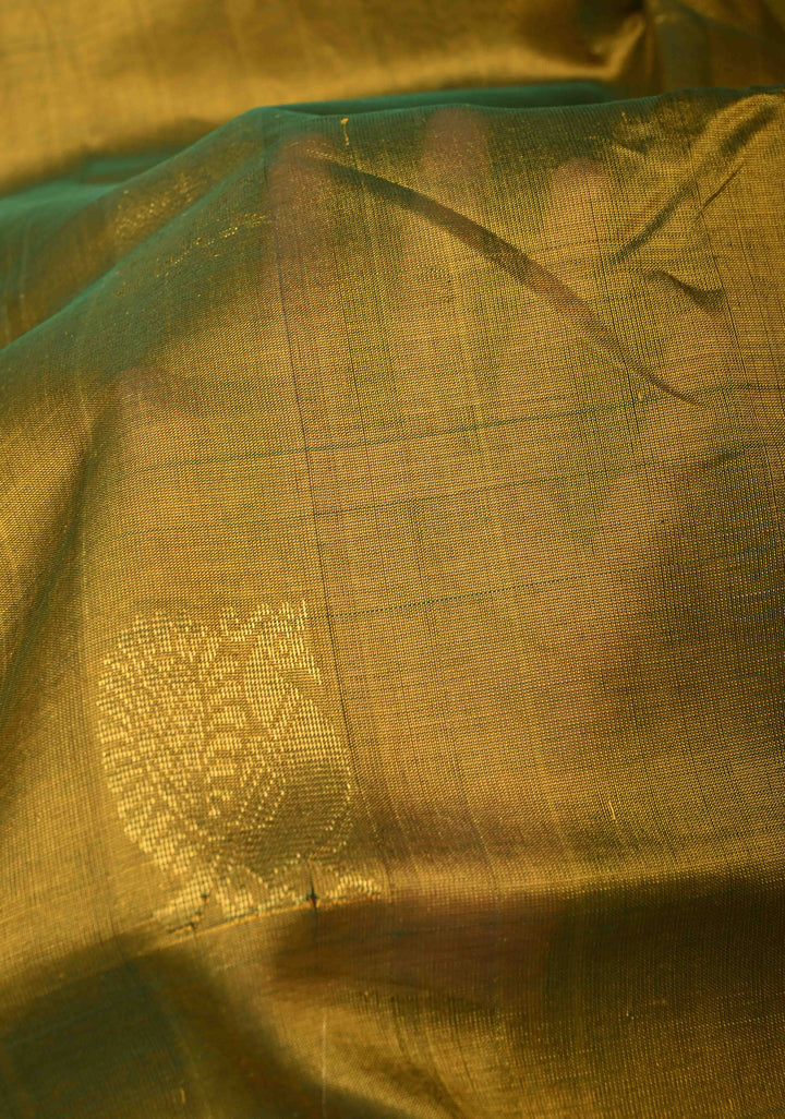 9 Yards Madisar Henna Green Kanchi Silk Cotton Handloom Saree with Muted  zari peacock Buttas and Contrast Zari Border, No Blouse Piece