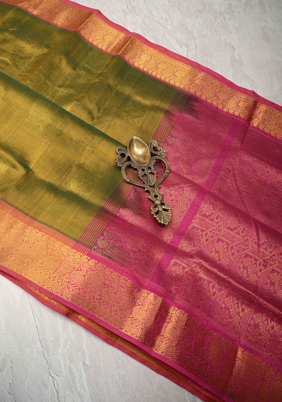 9 Yards Madisar Henna Green Kanchi Silk Cotton Handloom Saree with Muted  zari peacock Buttas and Contrast Zari Border, No Blouse Piece