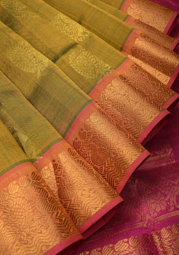 9 Yards Madisar Henna Green Kanchi Silk Cotton Handloom Saree with Muted  zari peacock Buttas and Contrast Zari Border, No Blouse Piece