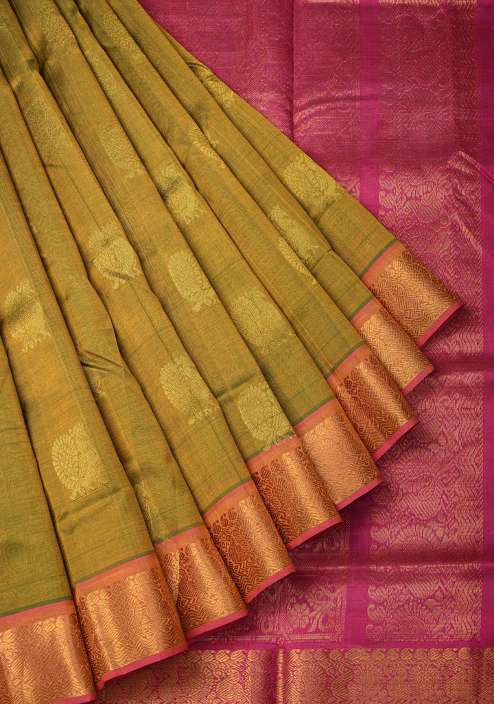 9 Yards Madisar Henna Green Kanchi Silk Cotton Handloom Saree with Muted  zari peacock Buttas and Contrast Zari Border, No Blouse Piece
