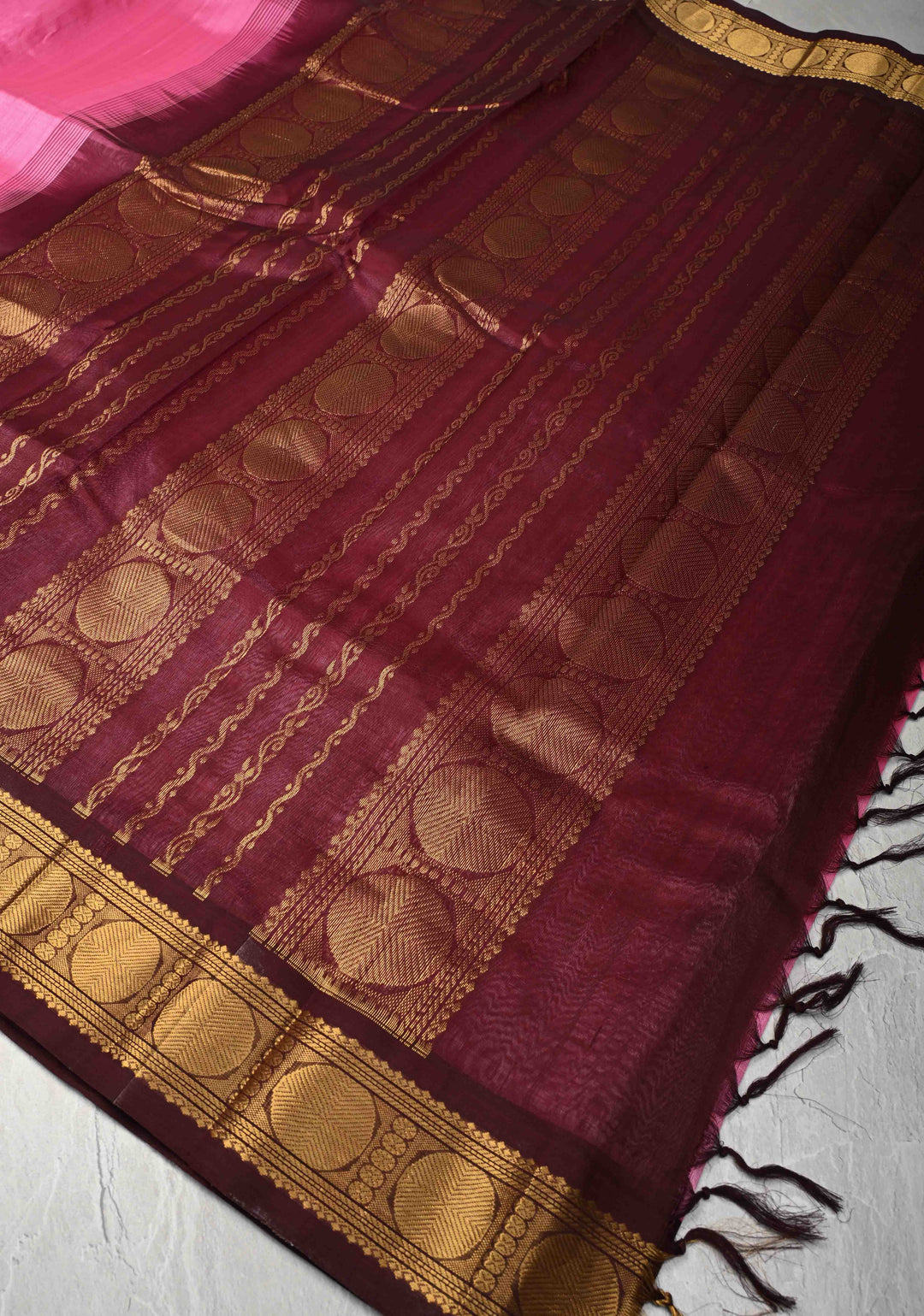 9 Yards Madisar Pink Kanchi Silk Cotton Handloom Saree with Contrast Zari Border, No Blouse Piece