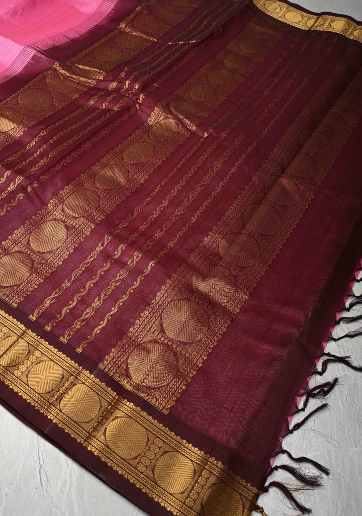 9 Yards Madisar Pink Kanchi Silk Cotton Handloom Saree with Contrast Zari Border, No Blouse Piece