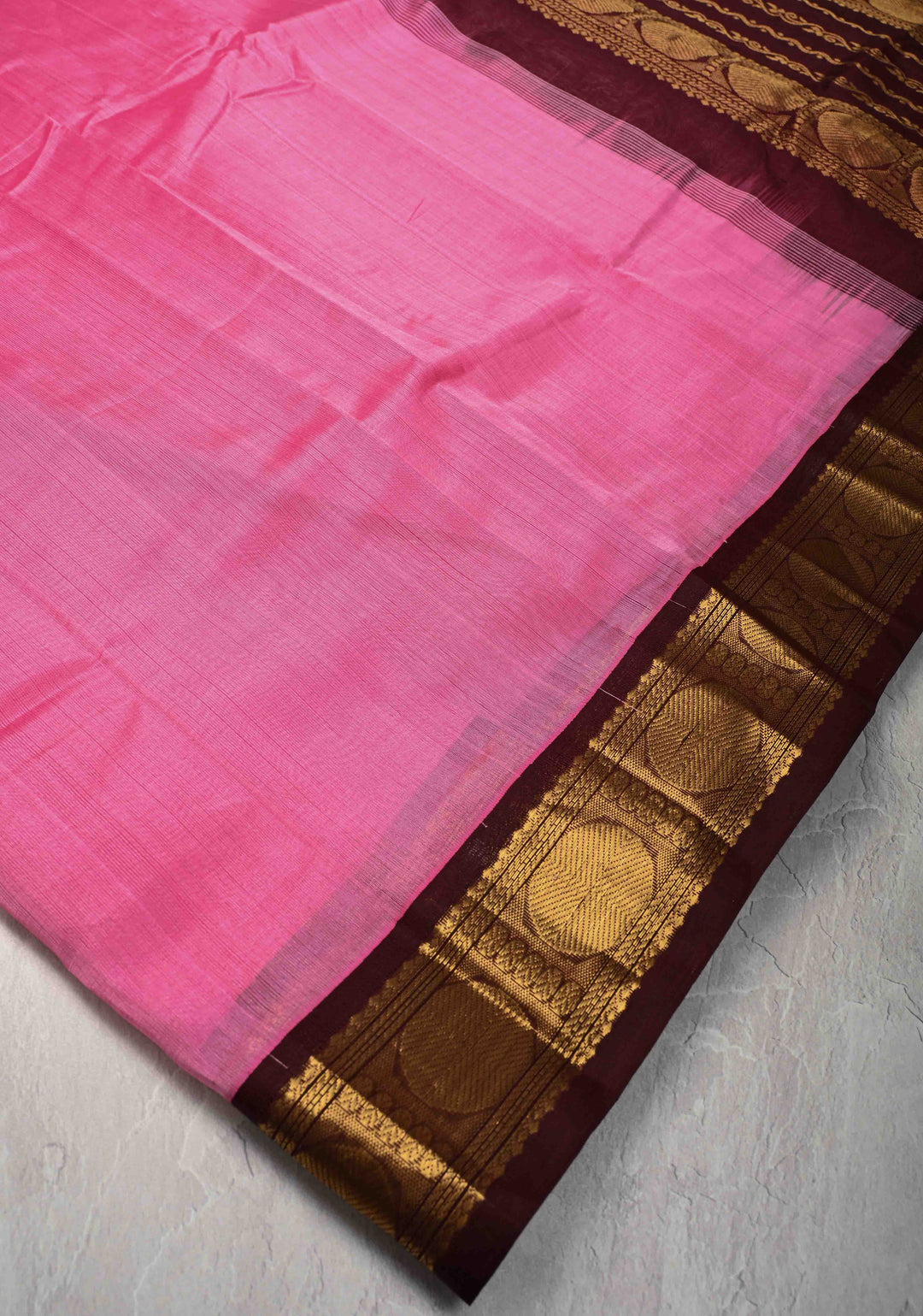 9 Yards Madisar Pink Kanchi Silk Cotton Handloom Saree with Contrast Zari Border, No Blouse Piece