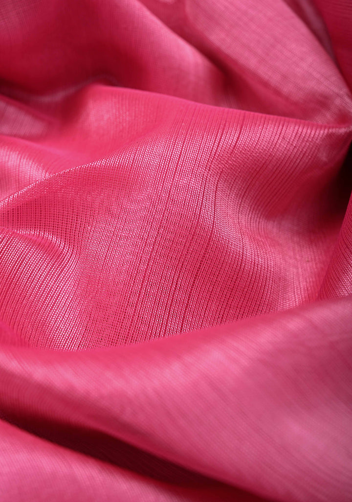 9 Yards Madisar Pink Kanchi Silk Cotton Handloom Saree with Contrast Zari Border, No Blouse Piece