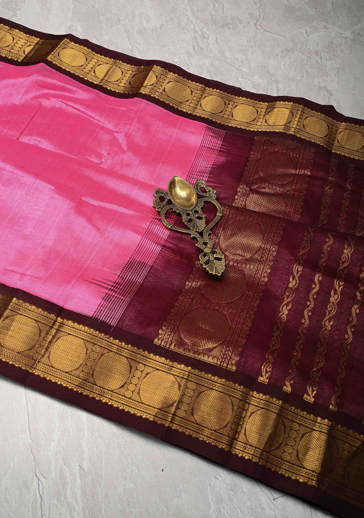 9 Yards Madisar Pink Kanchi Silk Cotton Handloom Saree with Contrast Zari Border, No Blouse Piece
