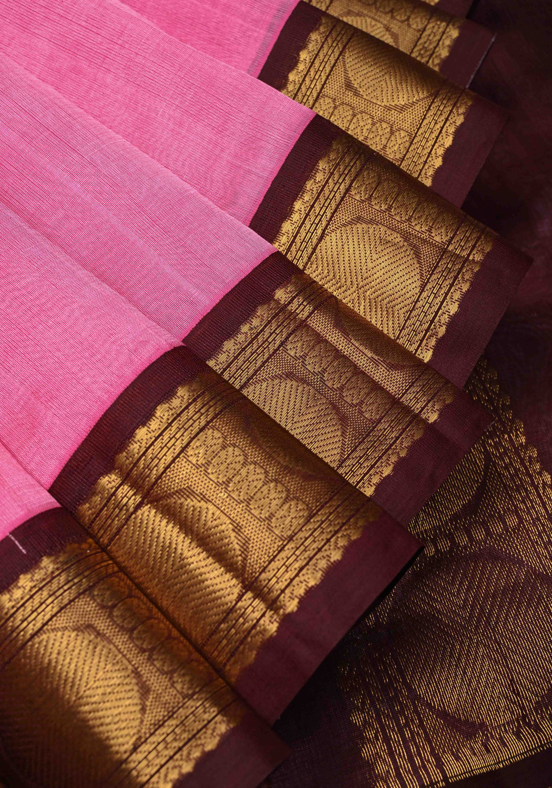 9 Yards Madisar Pink Kanchi Silk Cotton Handloom Saree with Contrast Zari Border, No Blouse Piece