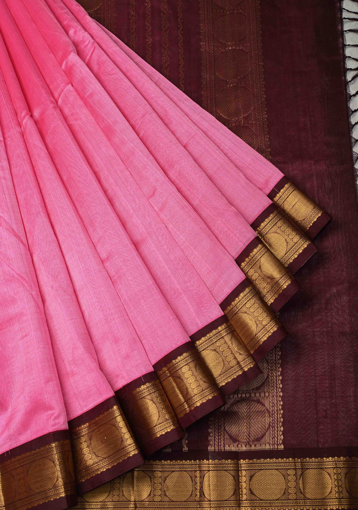 9 Yards Madisar Pink Kanchi Silk Cotton Handloom Saree with Contrast Zari Border, No Blouse Piece
