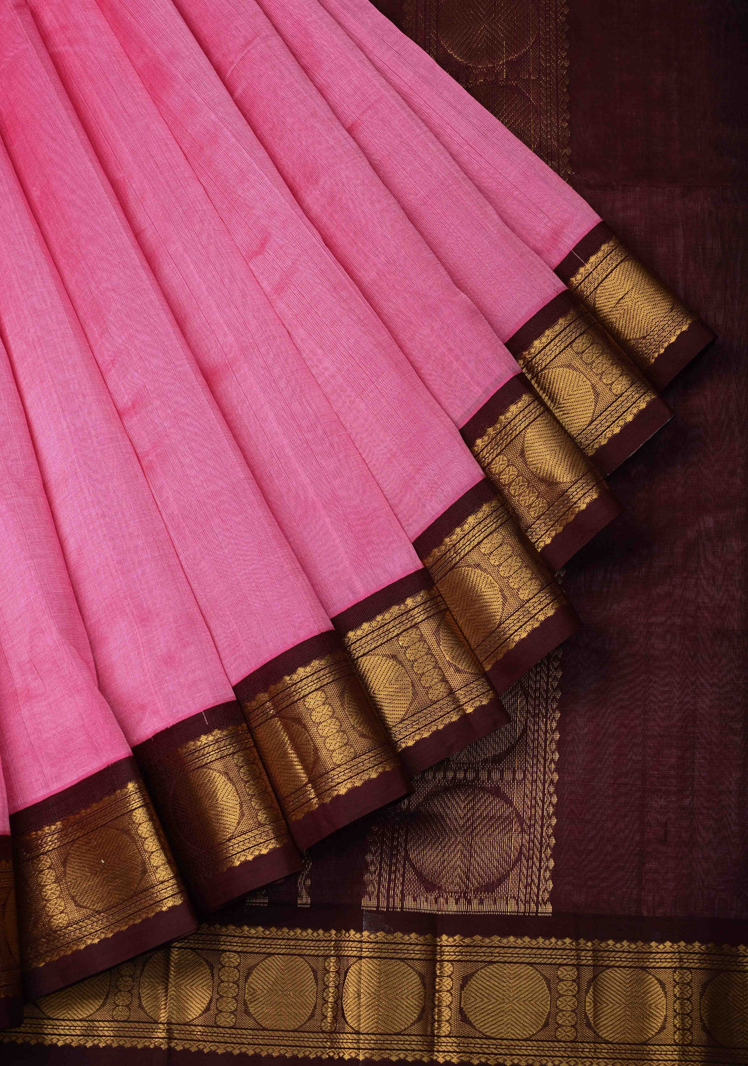 9 Yards Madisar Pink Kanchi Silk Cotton Handloom Saree with Contrast Zari Border, No Blouse Piece