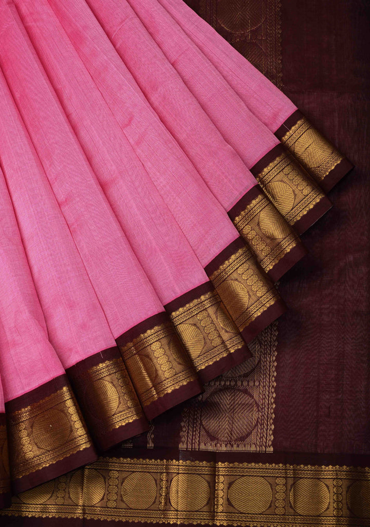 9 Yards Madisar Pink Kanchi Silk Cotton Handloom Saree with Contrast Zari Border, No Blouse Piece