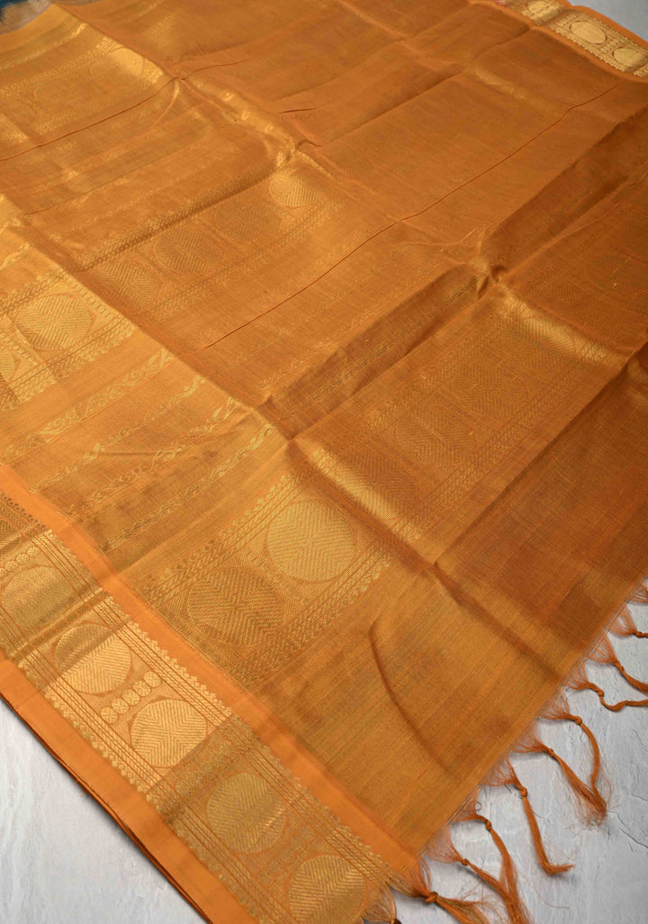 9 Yards Madisar Peacock Blue Koravi Kanchi Silk Cotton 100% Handloom Saree Contrast Zari Border