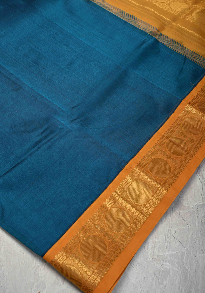 9 Yards Madisar Peacock Blue Koravi Kanchi Silk Cotton 100% Handloom Saree Contrast Zari Border