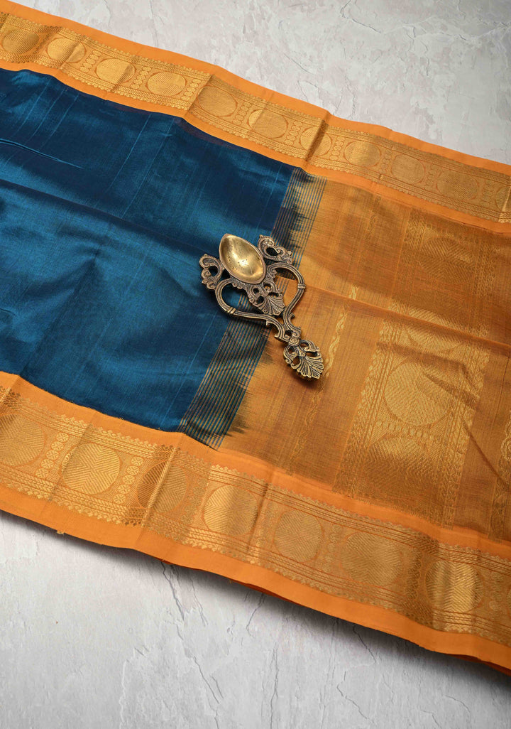 9 Yards Madisar Peacock Blue Koravi Kanchi Silk Cotton 100% Handloom Saree Contrast Zari Border