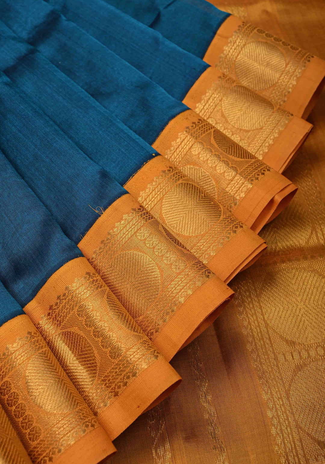 9 Yards Madisar Peacock Blue Koravi Kanchi Silk Cotton 100% Handloom Saree Contrast Zari Border