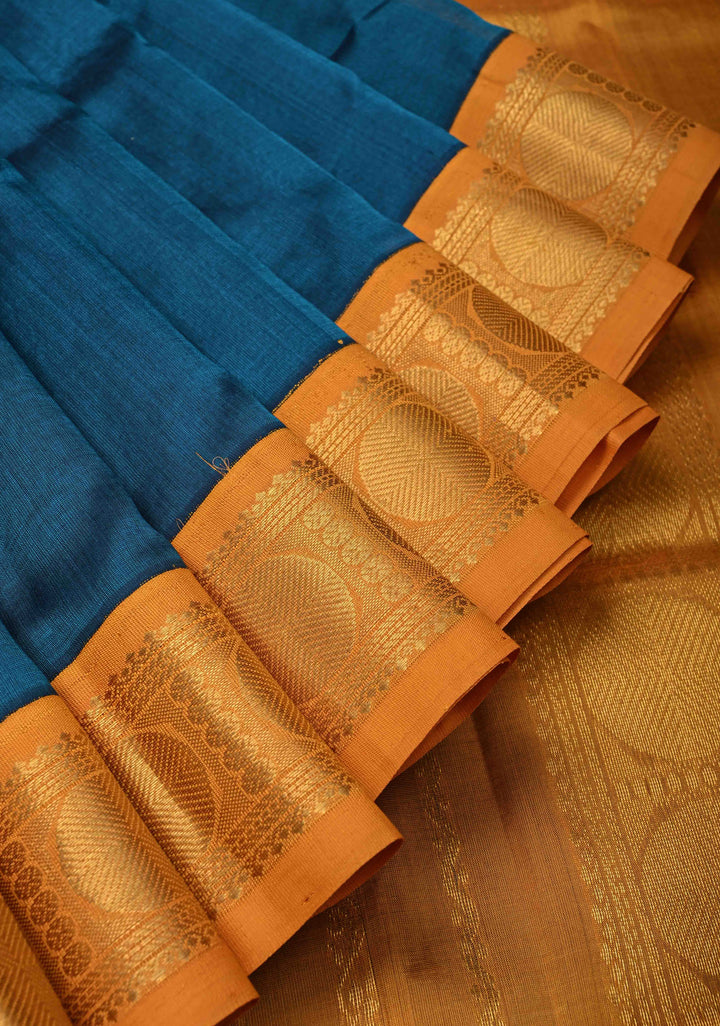 9 Yards Madisar Peacock Blue Koravi Kanchi Silk Cotton 100% Handloom Saree Contrast Zari Border