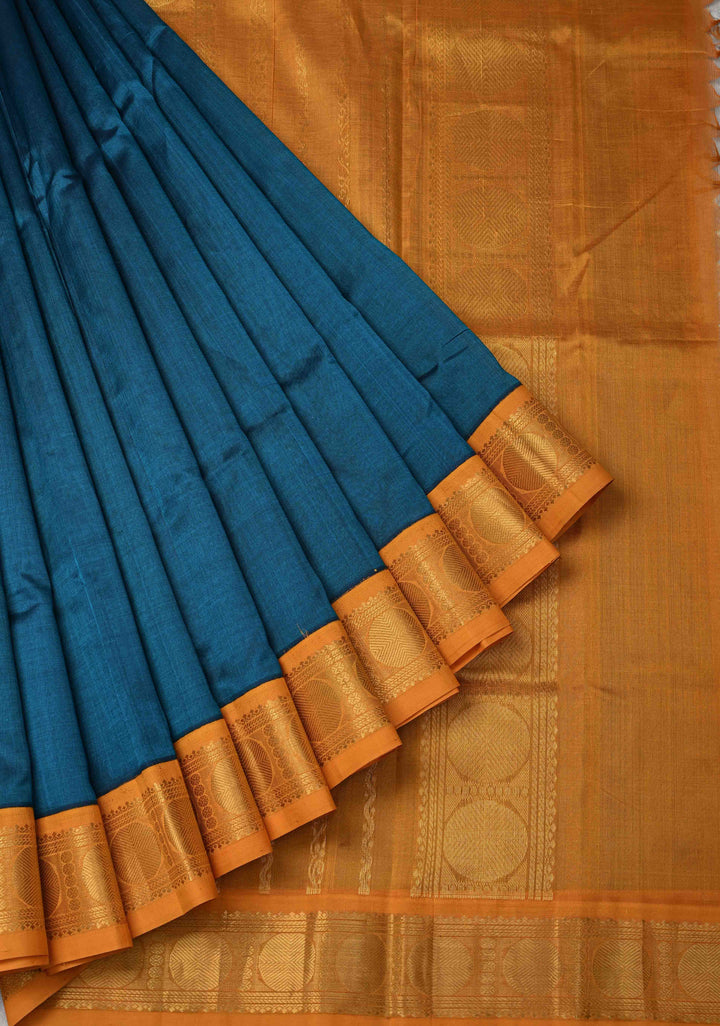 9 Yards Madisar Peacock Blue Koravi Kanchi Silk Cotton 100% Handloom Saree Contrast Zari Border