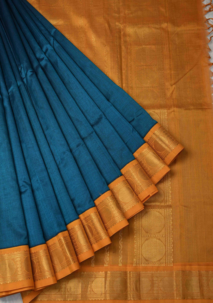 9 Yards Madisar Peacock Blue Koravi Kanchi Silk Cotton 100% Handloom Saree Contrast Zari Border
