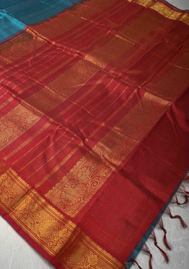 9 Yards Madisar Peacock Blue Kanchi Silk Cotton Handloom Saree with Vairaoosi Zari Stripes and Zari Border